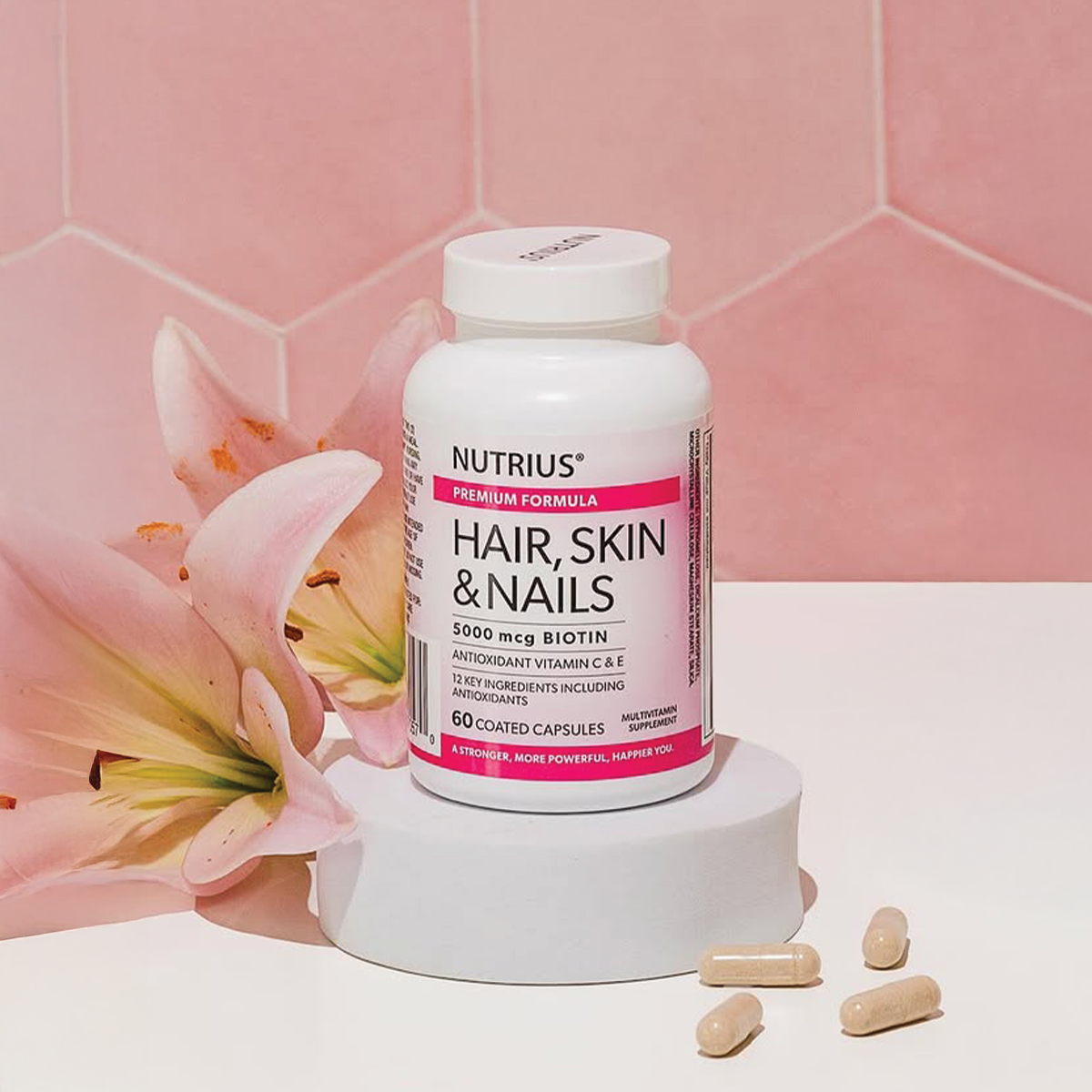 Nutrius Hair, Skin & Nails 5000 mcg Biotin with Antioxidant Vitamin C & E - 60 Coated Capsules