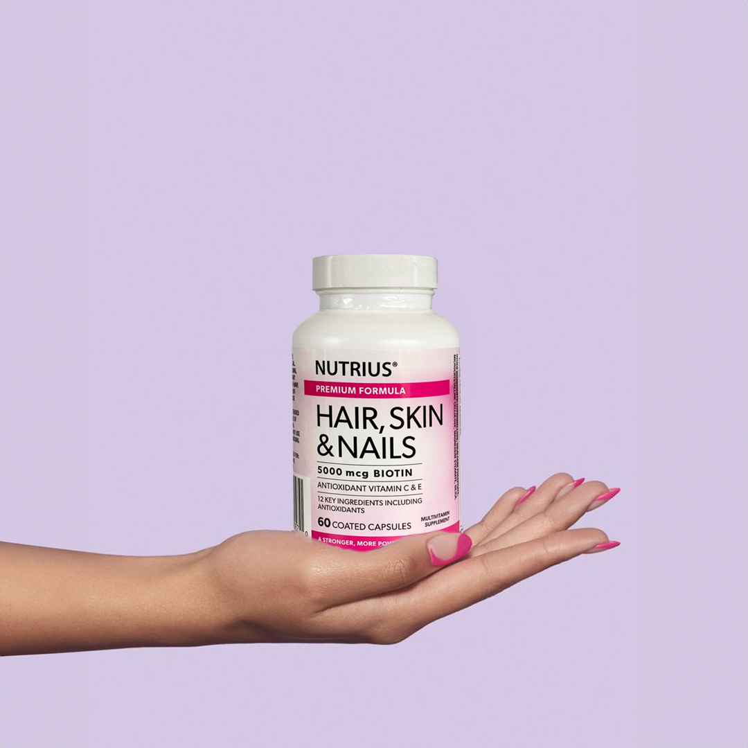 Nutrius Hair, Skin & Nails 5000 mcg Biotin with Antioxidant Vitamin C & E - 60 Coated Capsules
