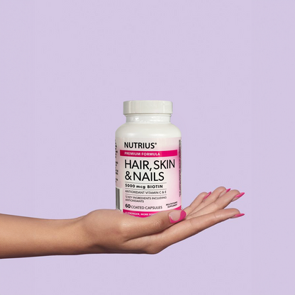 Nutrius Hair, Skin & Nails 5000 mcg Biotin with Antioxidant Vitamin C & E - 60 Coated Capsules