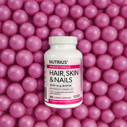 Nutrius Hair, Skin & Nails 5000 mcg Biotin with Antioxidant Vitamin C & E - 60 Coated Capsules
