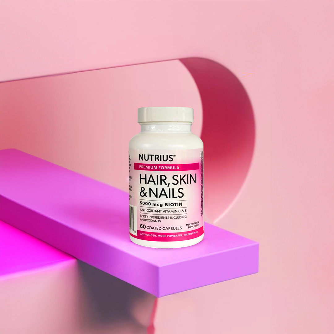 Nutrius Hair, Skin & Nails 5000 mcg Biotin with Antioxidant Vitamin C & E - 60 Coated Capsules