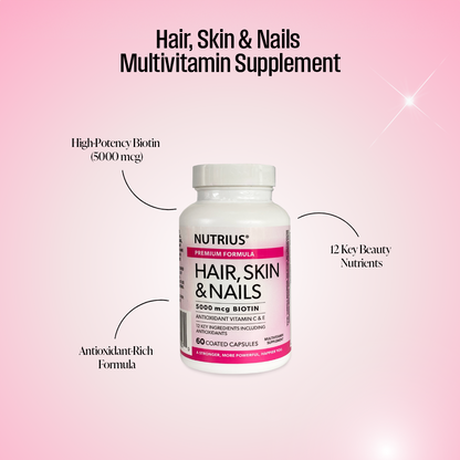 Nutrius Hair, Skin & Nails 5000 mcg Biotin with Antioxidant Vitamin C & E - 60 Coated Capsules